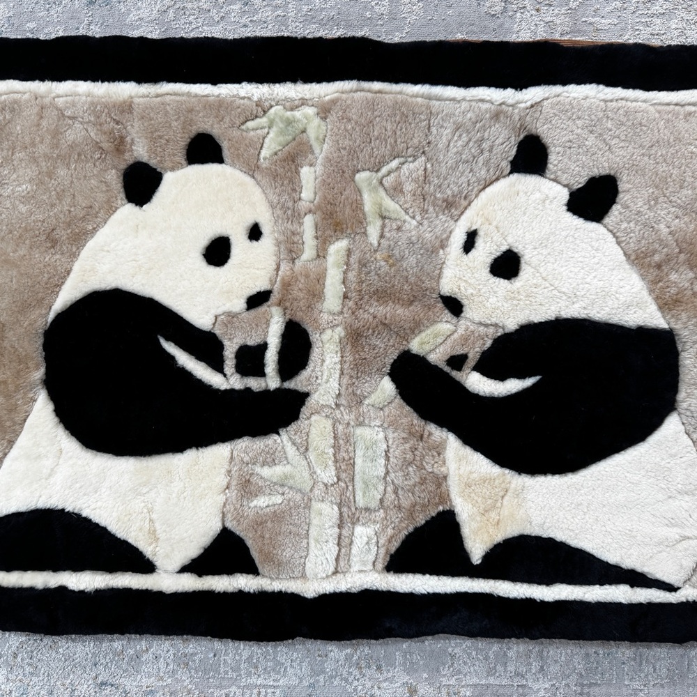 Panda Appliqué Plush Rug/Wall Art - Black, White & Beige Sherling Sheepskin